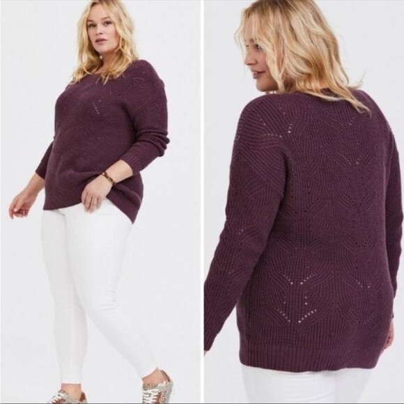 Torrid Pointelle Ribbed Open Knit Pullover Eggplant Purple Sweater Plus 1x - Picture 1 of 9